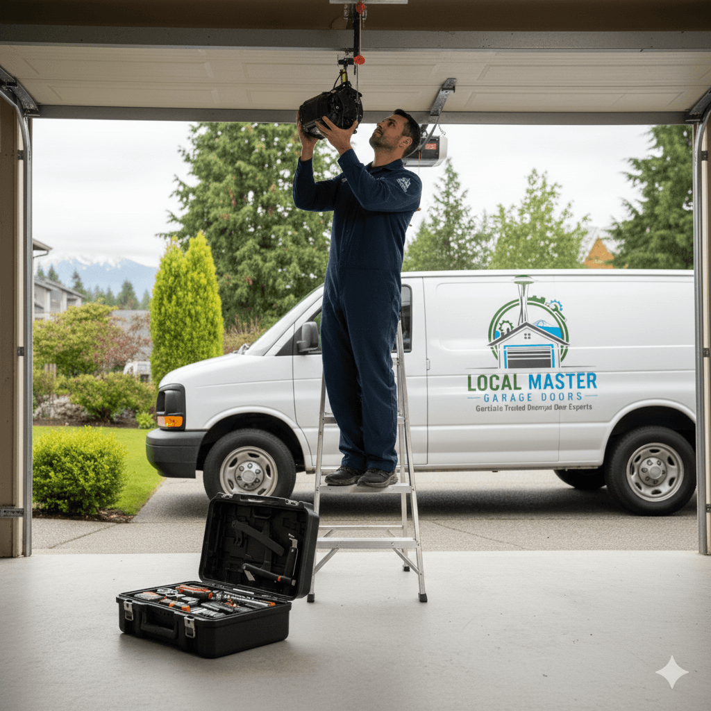 Local Master Garage Door certified technician inspecting a garage door opener in Seattle