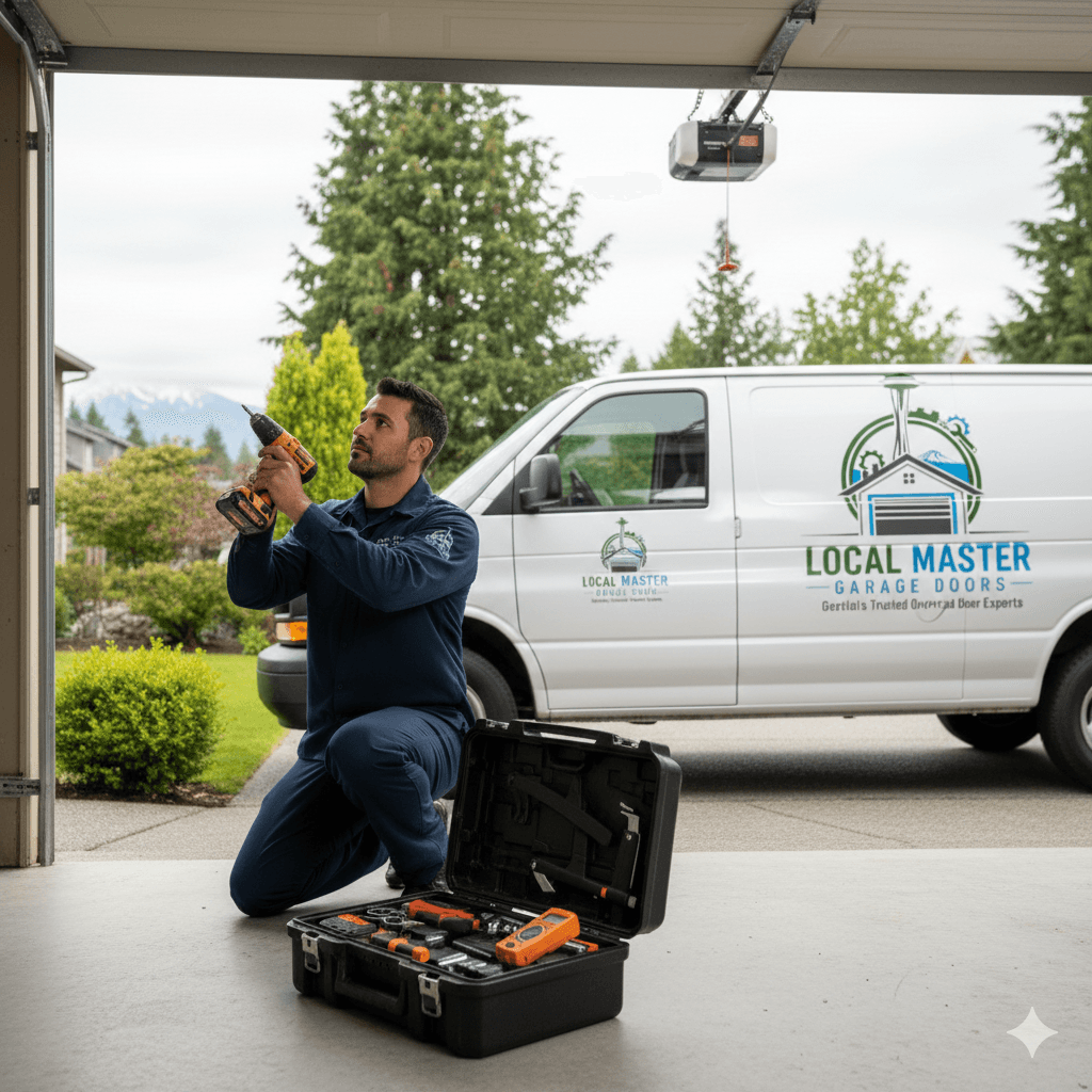 Technician performing a comprehensive safety inspection on a garage door